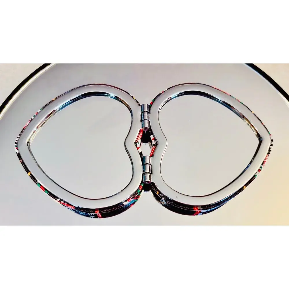 COMPACT MIRROR: Heart-Shaped Black, Red, Green Collab Monogram Design,NWOT